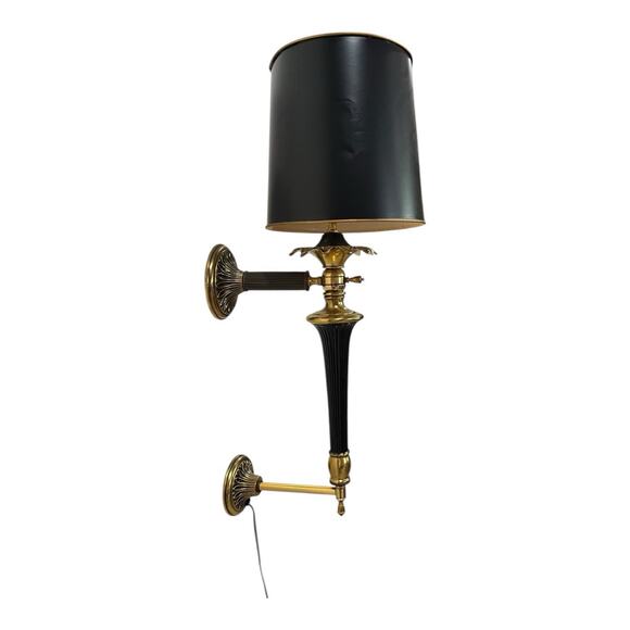 Hollywood Regency MCM Wall Sconce Lamp Gold & Black w Black Shade Tested EUC - Picture 1 of 14
